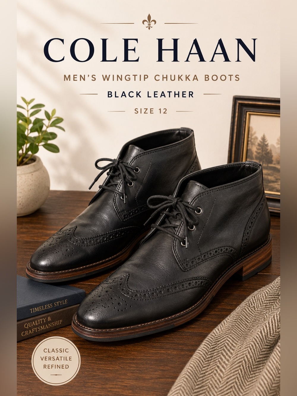 Cole Haan Black Leather Wingtip Chukka Boots Men’s 12